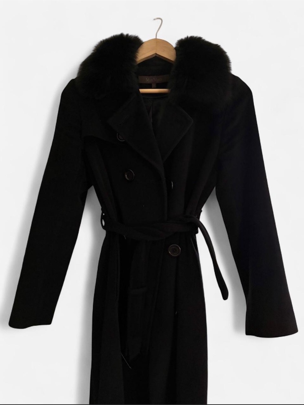 MaxMara Black Trench Coat with Fur Trim